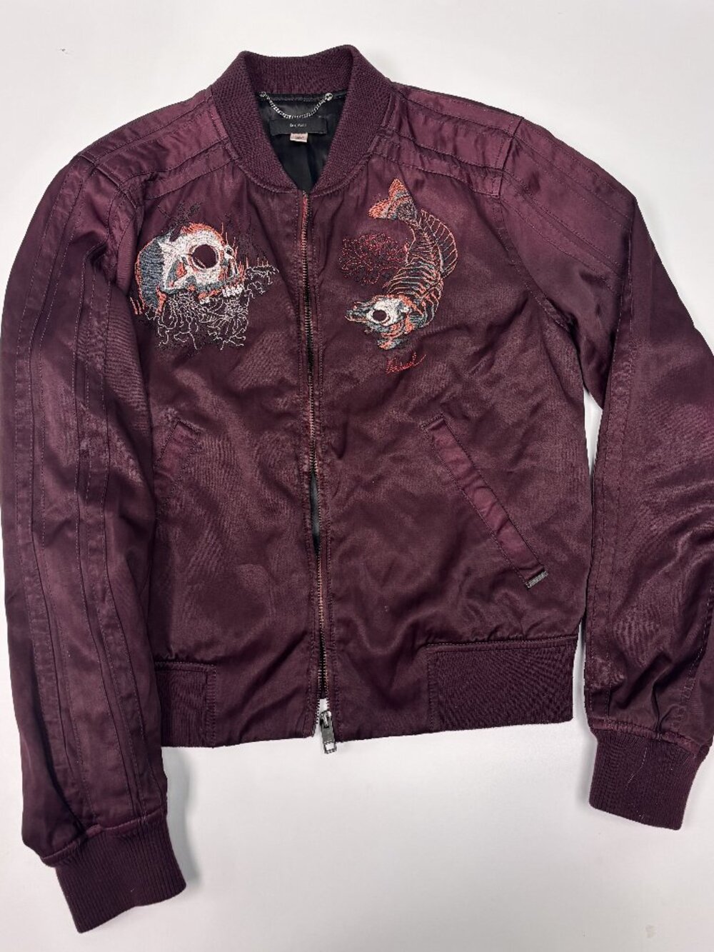 DIESEL Embroidered Skull & Skeleton Fish Satin Souvenir Bomber Jacket